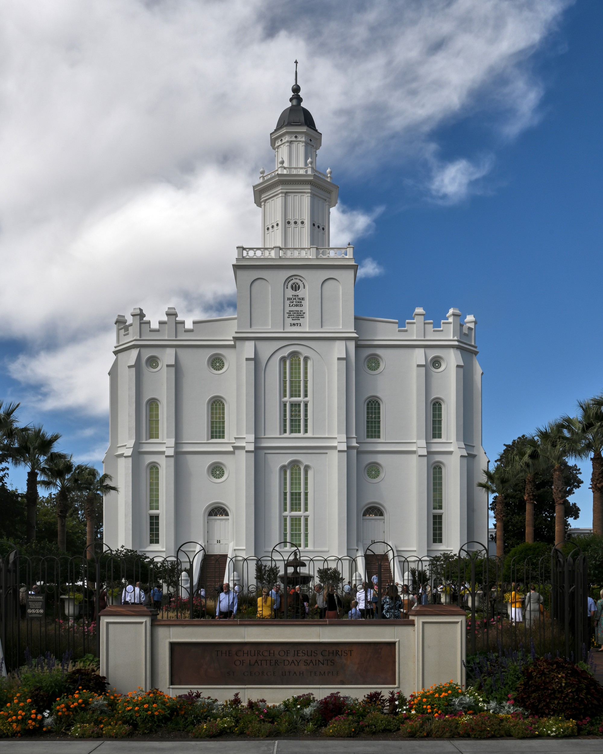 Temple following 2023 renovation with updated landscaping