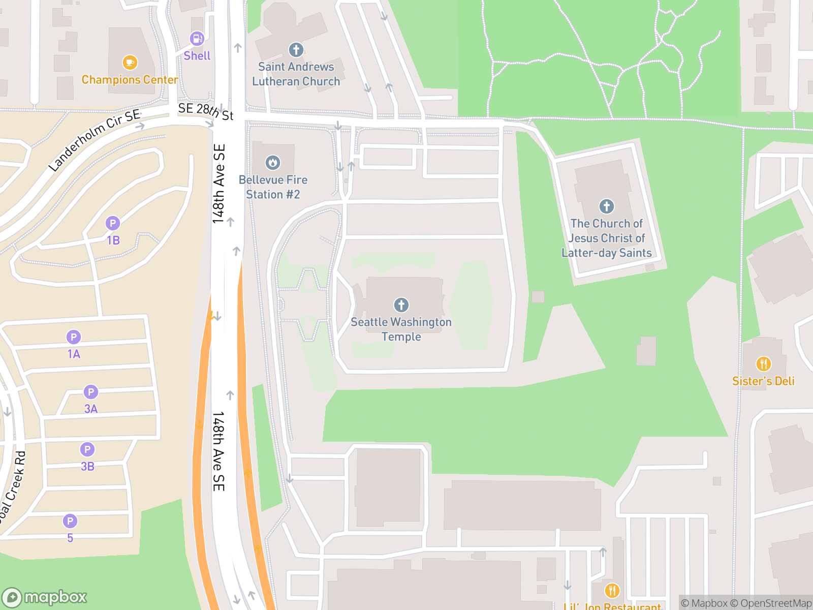 Map showing Seattle Washington Temple and surrounding area