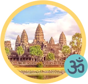 Las agujas principales del templo de Angkor Wat, frente a su foso adyacente, se encuentran dentro de un marco circular dorado. Un círculo verde azulado se encuentra en la parte inferior derecha del marco y contiene un símbolo hindi.