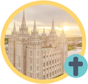 El Templo de Salt Lake al amanecer, rodeado por un marco circular dorado. Un círculo verde azulado con el símbolo de la cruz cristiana se encuentra en la parte inferior izquierda.