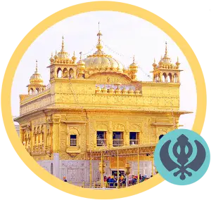 El Sri Harmandir Sahib (Templo Dorado) bajo un cielo pálido y blanco, dentro de un marco circular dorado. Un círculo verde azulado con un símbolo sij se encuentra en la parte inferior derecha del marco.
