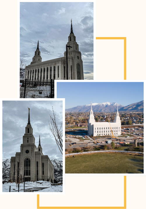 A collage of three images of the Layton Utah Temple in front of a rectangular, gold frame.