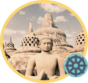 A circular frame with a golden border, a Buddha statue and the rooftop of the Borobudur Temple within the frame. A small teal circle sits at the bottom right corner of the frame with a wheel design.