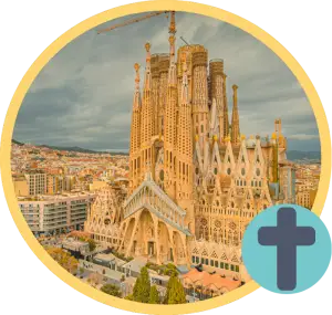 The Sagrada Familia Cathedral in Barcelona, Spain is pictured within a golden circle frame. A teal circle containing a Christian cross symbol is visible to the bottom right.