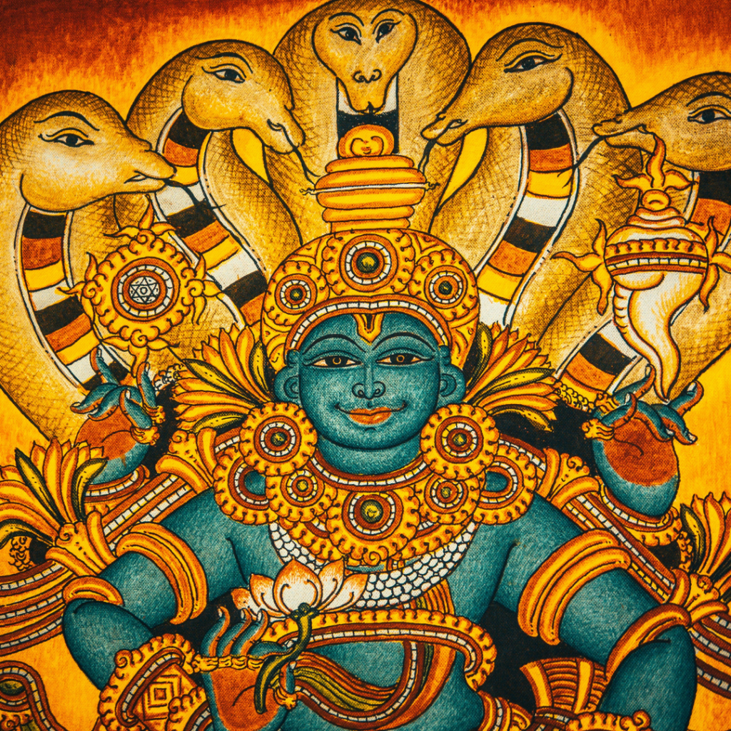 The Hindu diety, Vishnu with snakes behind him in colorful tones of yellow, red, and green.