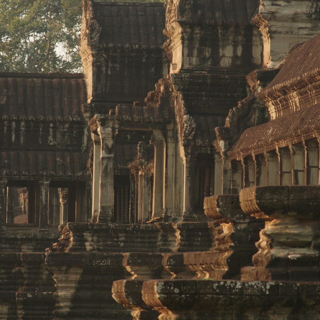 Red and white stone seen at the Angkor Wat Temple at dusk.