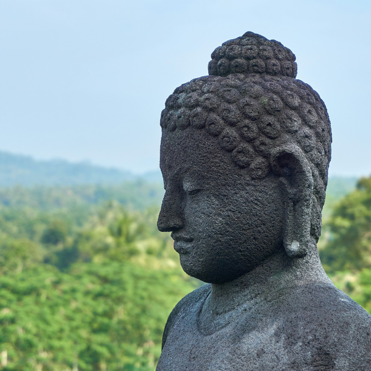 A gray stone Buddha sitting can be seen in the foreground, with a forest and clear blue sky in the background.