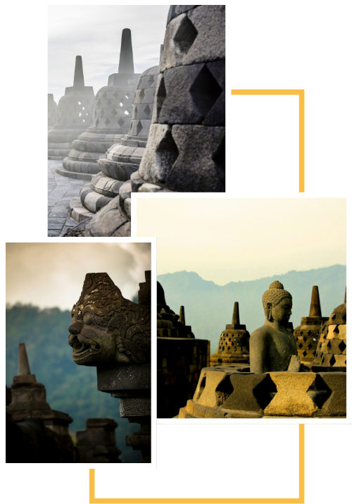 A collage of thee images in front of a gold rectangle border. One is of temple spires, another of a gray staue, and the last with both spires and statues at the Borobudur Temple.