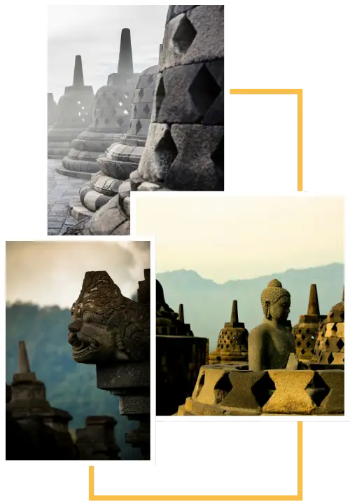 金色矩形边框前的三幅图像拼贴画。其中一幅是寺庙尖顶，另一幅是灰色雕像，最后一幅是婆罗浮屠寺的尖顶和雕像。