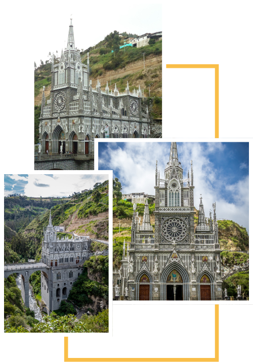A collage of three shots of Las Lajas Sanctuary in Columbia in front of a gold rectangular frame.
