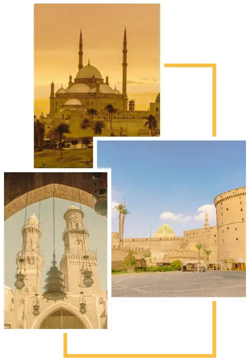 קולאז' של שלוש תמונות של מסגד מוחמד עלי מול מסגרת מלבנית מוזהבת.