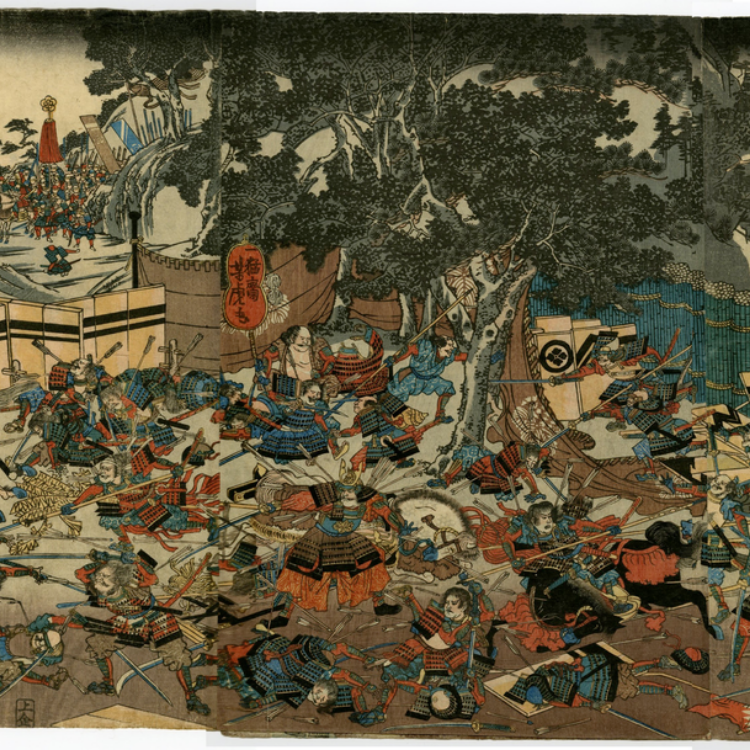 A colored drawing of the Ōnin War, with men fighting and the dead from the battle beneath a tree to the right.