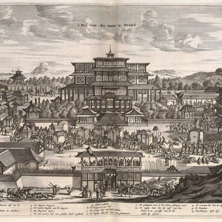 A sepia drawing of the Fushimi Inari Taisha Temple, with parks, people, and a plentitude of trees scattered throughout.