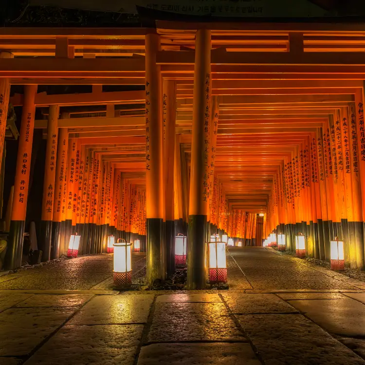 صفّان من بوابات توري بفوانيس صفراء على طول الممرات الحجرية الرمادية المتشققة. يضفي التوهج الأحمر لبوابات توري لمسةً من التأمل الإلهي من الأعلى.