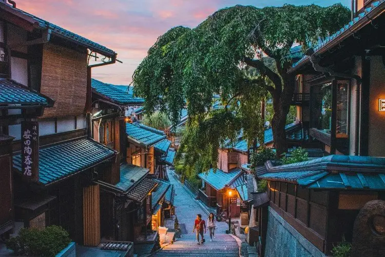 The Kyoto Botanical Gardens at dawn. Structures with deep turquoise rooftops sit on either side of a gray stone path, with a man wearing a red shirt and a woman wearing a yellow shirt walking up the path. A large tree hangs over the path to the right, with other foliage from the botanical garden peeking out from the buildings that continue down the path.
